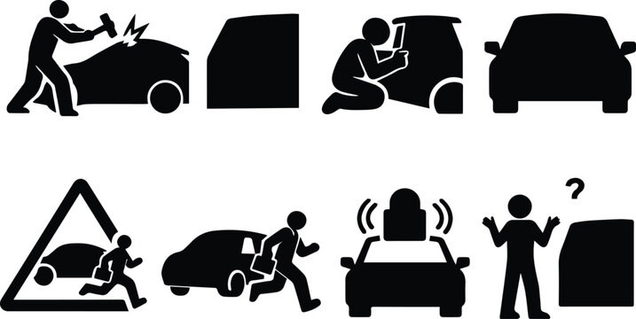 Car Crime and Theft Vector Icons. Set of black silhouette pictograms depicting auto break-in, vandalism, and robbery, ideal for security and insurance concepts.