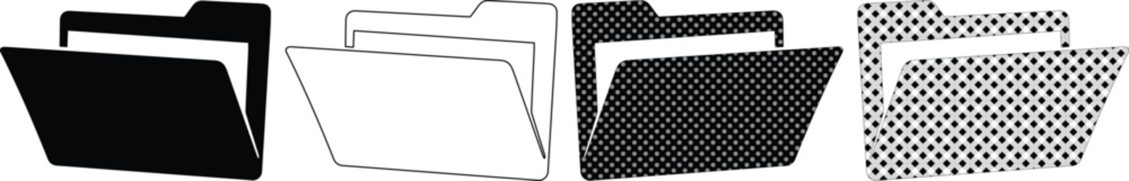 Minimalist Folder Icon Set, black and white vector graphics for digital storage and organization. Modern file management symbols, essential for UI/UX design and business applications.