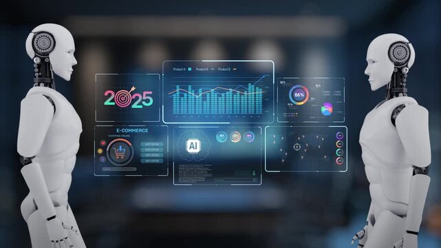 Two humanoid robots face each other, engaged in analyzing futuristic data visualizations related to e-commerce and artificial intelligence in a modern digital workspace. Synapse