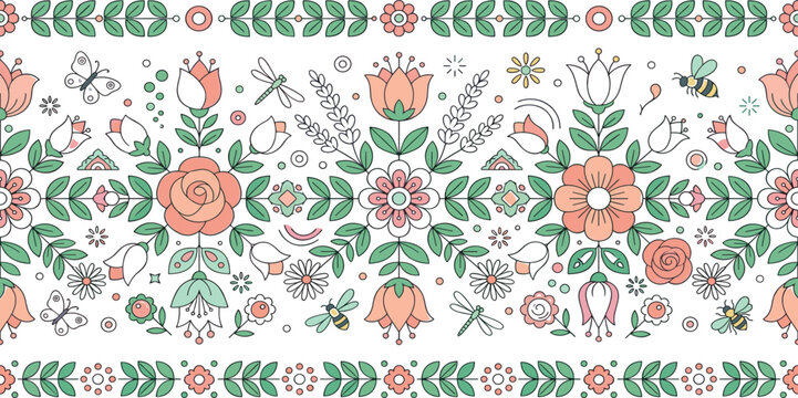 Cottagecore seamless floral border pattern featuring folk art style flowers butterflies and bees for decorative design