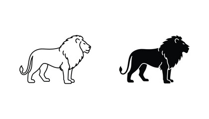 Majestic lion icon set featuring standing wild cat in linear and solid black styles for wildlife conservation and zoo branding design elements isolated on white background © Minimalist