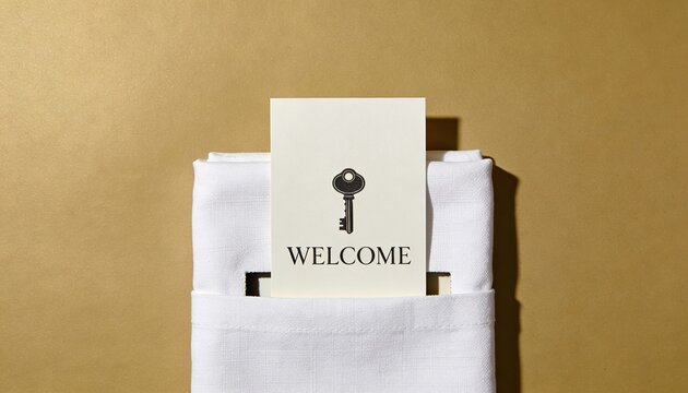 Golden colored surface background with a white linen napkin holding a welcome card for hotel branding, hospitality industry advertising and boutique service greetings