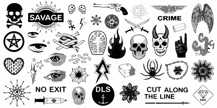 tattoo flash biker punk icon set in black and white