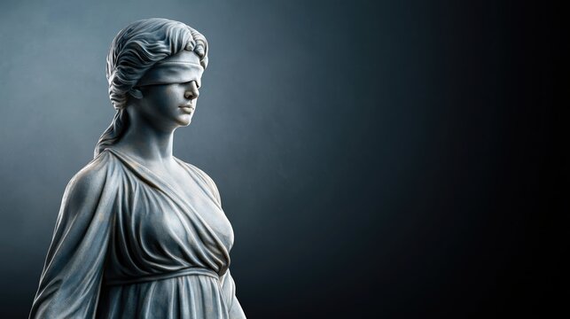 Majestic marble statue of lady justice blindfolded symbolizing legal fairness and moral integrity in a professional setting