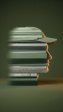Stacked green document folders and binders forming a male profile face for precision agriculture marketing, agri-tech consulting and farm management advertising