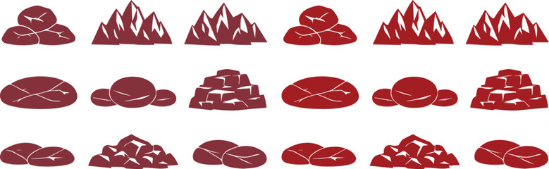 Abstract Red Mountain and Rock Vector Icons, a collection of stylized graphic elements for nature and landscape designs. Flat, modern, minimal illustrations of geological formations and terrain. © Shanza