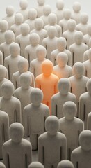 Obraz premium Large group of uniform white figures surrounding a single peach standout figurine for leadership development, talent recognition and corporate conceptual advertising
