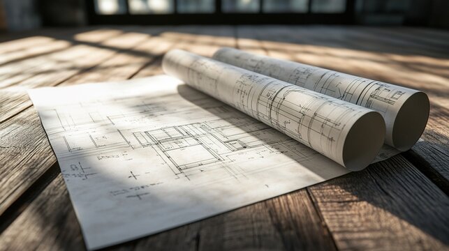 drafting. Architect's workspace with drafting tools and blueprints, illuminated by warm focused task lighting. real-estate listings.