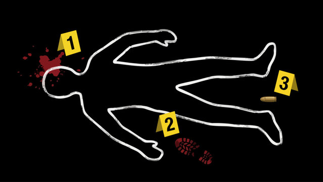 Crime Scene Outline with Evidence Markers and Forensic Clues