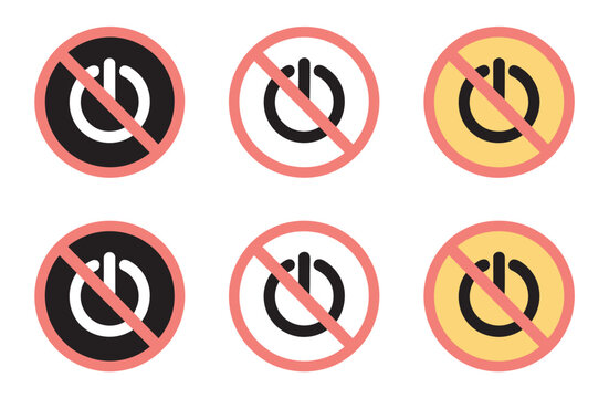 Power off prohibition symbol power button with red no sign do not shutdown icon vector illustration warning restriction control system safety concept