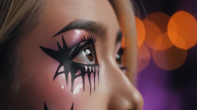 Close Up Shot of Young Woman with Dramatic Gothic Eye Makeup and Star Designs, Artistic Creative Fashion Style for Halloween Party, Full HD Cinematic Video