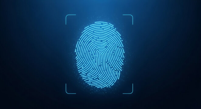 glowing digital fingerprint scan highlighting identification technology and data security concept with glowing particles