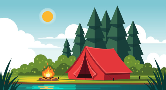 Camping Scene with Tent Campfire Forest Lake Nature Illustration