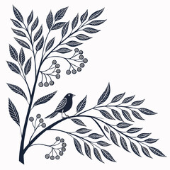 Bird on a branch with leaves and berries black and white hand drawn line art © Kuhinur