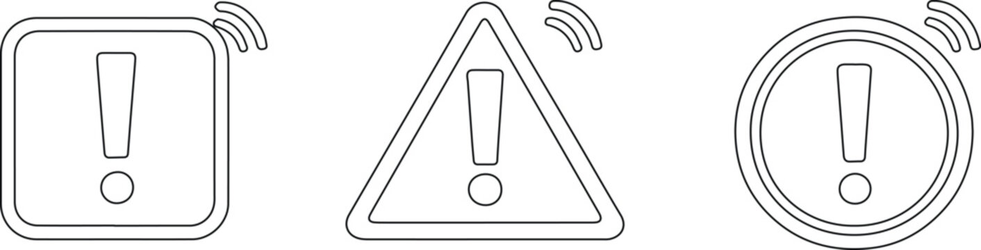 Warning signal vector icons, three distinct alert symbols with exclamation marks and wireless waves, modern line art for digital interfaces and safety notifications