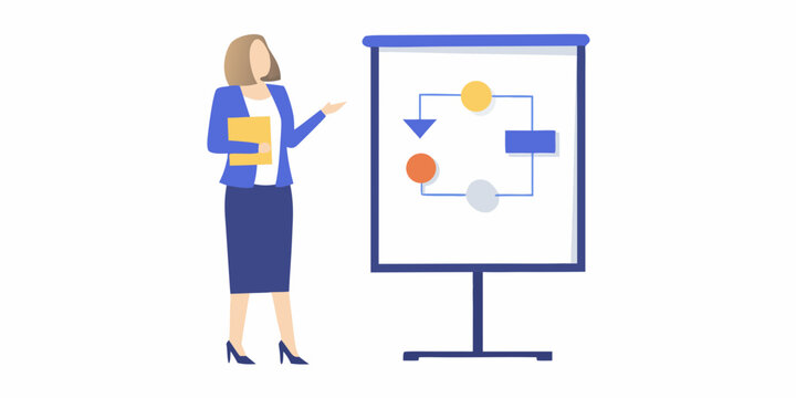 woman standing next to a whiteboard with a flowchart