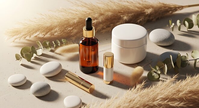 Natural skincare products and tools on beige surface with plants and stones