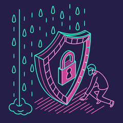 Cybersecurity shield with lock and person hiding cybersecurity protection security internet technology illustration vulnerability firewall encryption management information computer © Tiya