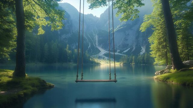 A wooden swing hangs over a lake reflecting trees and mountains