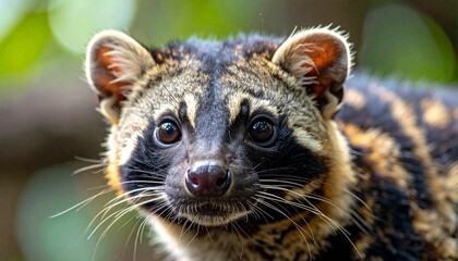 Fototapeta premium Real life photo of a luwak or civet in a coffee plantation, natural lighting, candid moment, high detail, realistic composition, asia