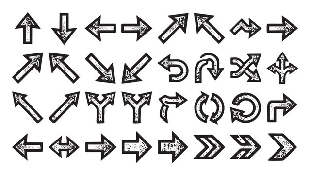 Large Set of Hand-Drawn Grunge Arrows and Directional Icons with Distressed Texture for Graphic Design and Navigation