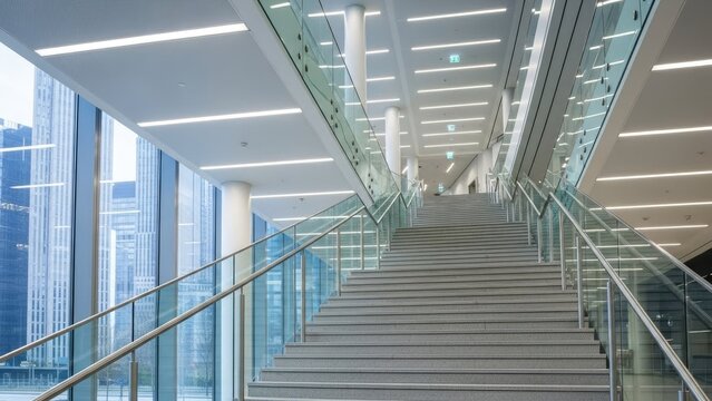 modern office building escalator with professionals in business attire ascending