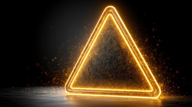 Glowing gold neon triangle frame with particle dust effects floating on dark surface background for modern graphic design projects