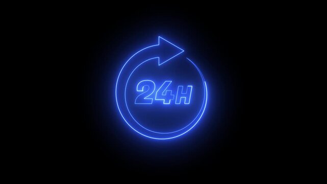 24 Hours Neon Loop Arrow Animation Blue Glowing Circular Refresh Icon on Dark Background