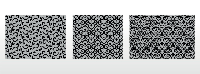 Naklejka premium Geometric floral set of seamless patterns. Gray and black vector backgrounds. Damask graphic ornaments