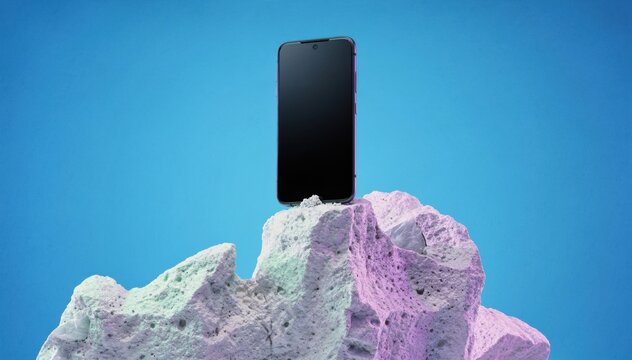 Blue studio background with black smartphone standing on a jagged rock formation for technology marketing, mobile app presentation and electronic device mockup