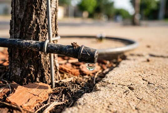 Close up of a water droplet forming on a drip irrigation emitter of a street tree for urban landscaping, drought relief and sustainable smart city gardening campaigns