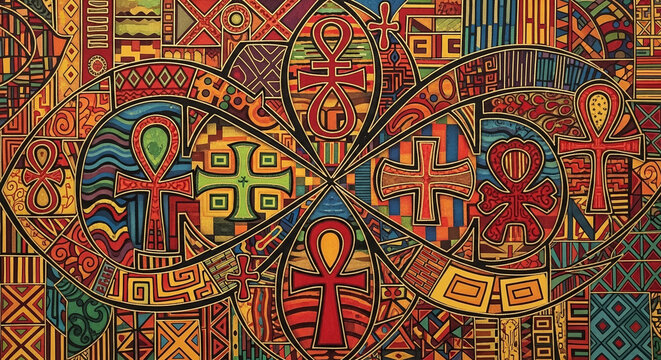 Vibrant Egyptian inspired ankh symbol pattern with colorful geometric shapes and designs.