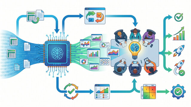 Top View AI-Assisted Decision Workflow Vector with Human Managers Reviewing Machine Generated Insights