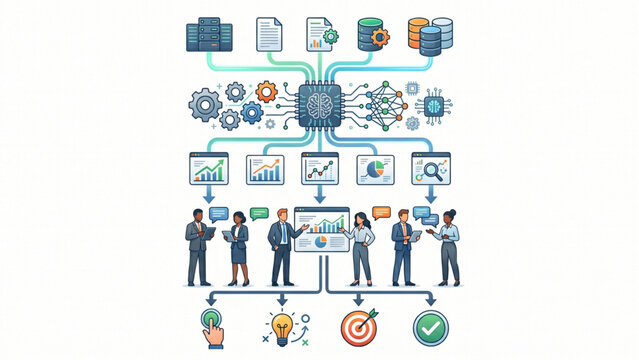 Top View AI-Assisted Decision Workflow Vector Set with Human Managers and Machine Generated Insights