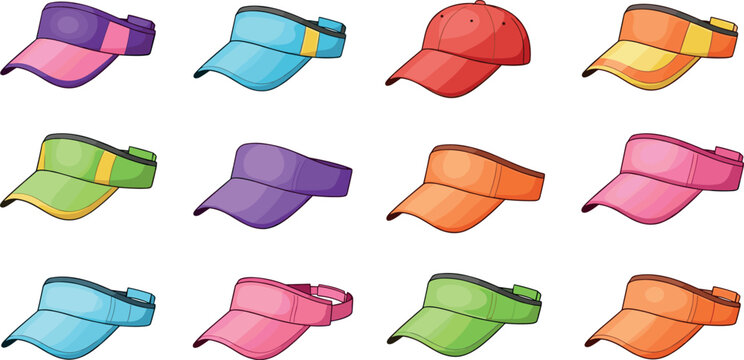 Set of Colorful Sun Visors and Baseball Cap Vector Illustrations for Summer Sports Fashion