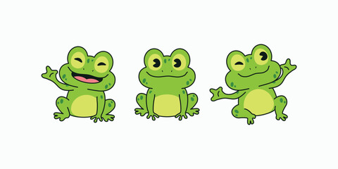 Obraz premium Three green frogs wave cheerfully on a plain white background. Each frog has big eyes and a friendly smile. Their bright colors stand out against the clean backdrop