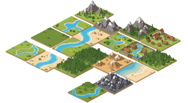 Isometric landscape map tiles, 3D world building kit with mountains and rivers, modular environment vector set for game design and strategy apps