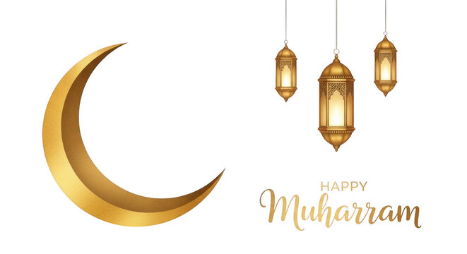 Golden crescent moon and hanging lanterns for muharram celebration