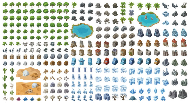 Isometric game assets collection, 2D map builder elements with trees and rocks, fantasy world environment icons for mobile gaming and level design