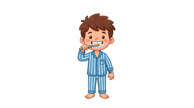 Boy brushing teeth in pajamas.