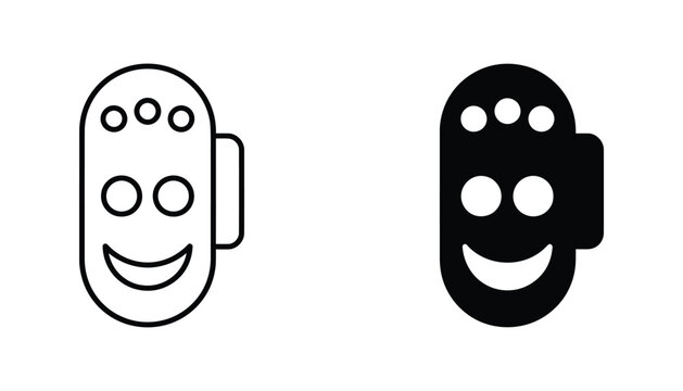 Funny robot face character icon set in outline and solid black style for futuristic technology