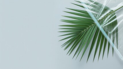Fototapeta premium A close-up view of a green palm leaf against a light blue background