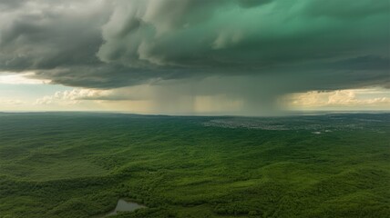 Fototapeta premium Dark storm clouds and heavy rain curtains hovering over a lush green forest landscape for environmental news, weather forecasting and climate change awareness
