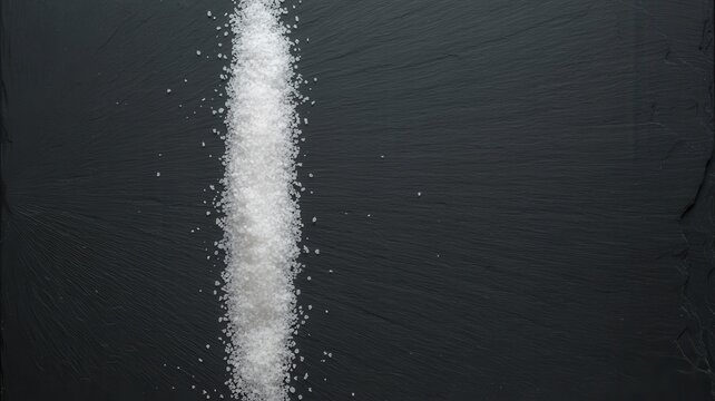 White powder is scattered on a dark surface in a vertical line from top to bottom