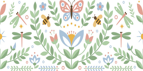 Symmetrical folk art floral vector illustration with butterfly bees dragonflies leaves and flowers in pastel colors © MDRIFAT