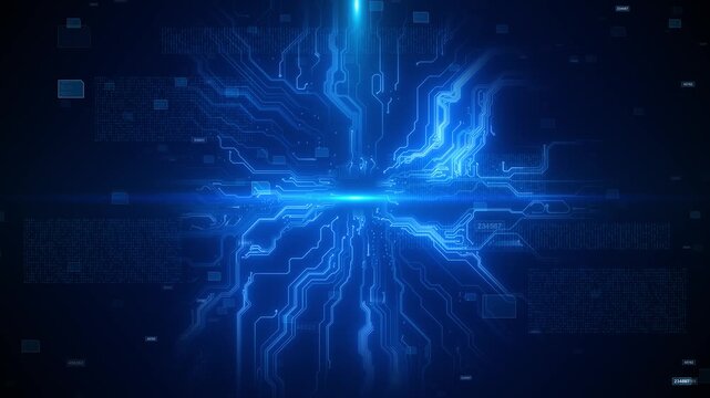 Blue circuit technology background glowing electronic paths, light flare, data panels, digital board texture. AI videos, software intros, cyber security screens, network promos, futuristic overlays.