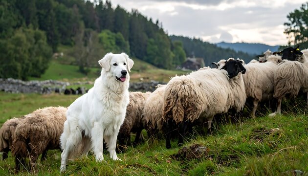 White dog standing with sheep herd.