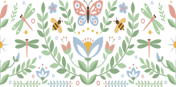Symmetrical folk art floral vector illustration with butterfly bees dragonflies leaves and flowers in pastel colors