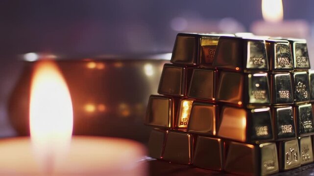 Rubik's cubes stacking slowly near candles