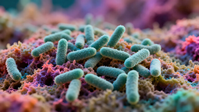 This is a vibrant false-color scanning electron microscope image showing E. coli colonies. The rod-shaped bacteria aggregate to form complex biofilms.
